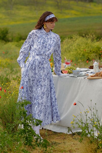 EBU Prive Γυναικείο φόρεμα με πλισέ σχέδιο από ποπλίνα με σχέδιο κήπου σε μπλε ναυτικό