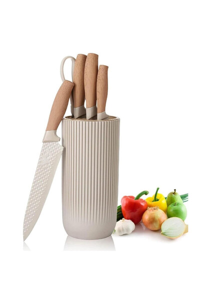 Royalty Line DC07E Knife Set, 7 Pieces, Stand, Scissors, Stainless Steel, Ergonomic Handles, Beige