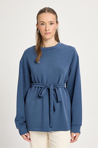 minaaise Bluză moale din țesătură modal cu centură oversize indigo pentru fem...