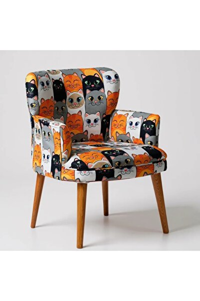 Azra Mobilya Roma Modern Tekli Koltuk Berjer - Dijital Baskılı Kumaş - Ahşap Ayak - Kedili 1