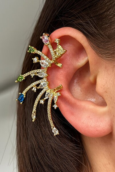 TAKIŞTIR Altın Renk Taş Detaylı 14K Altın Kaplama TX Kulak Aksesuarı (Tek)