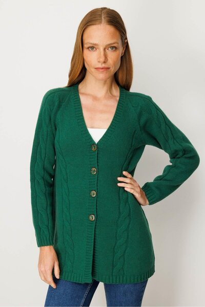 Desen Triko Women's V-Neck Hair Braided Long Wool Cardigan Ö.Başı