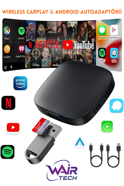 Wair Teknoloji Wireless CarPlay ve Android Auto Dönüştürücü | Netflix & YouTube Destekli 3 in 1 AI Box Lite