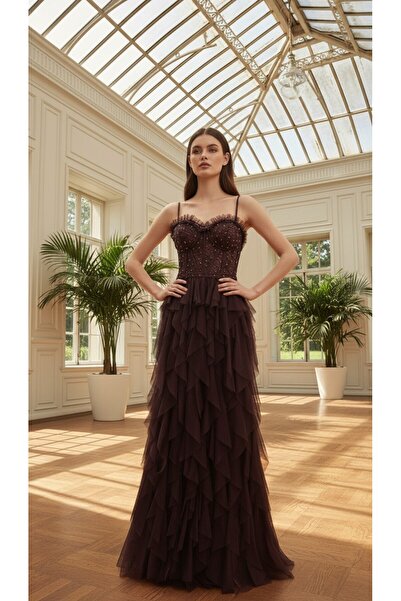 DWT Dantel Taş İşlemeli Katkat Tül Abiye Elbise