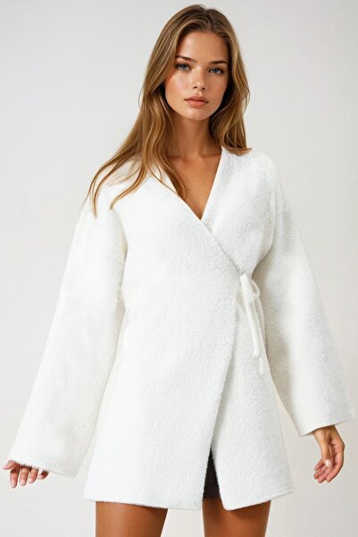 VAGGON Women's Ecru Double Breasted Collar Tasseled Cardigan Vs01002