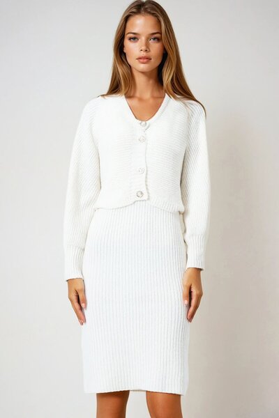 VAGGON Women's Ecru Button Closure Crop Cardigan and Front Back V-Neck Corded Fabric Knitwear Dress Set Vs01005