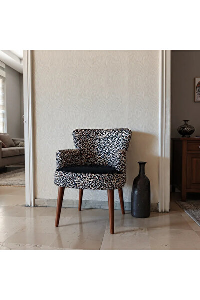 Azra Mobilya Roma Modern Tekli Koltuk Berjer - Dijital Baskılı Kumaş - Ahşap Ayak - Leopar Desen