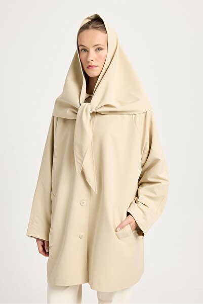 minaaise Women's Beige Oversize Detachable Collar Lined Design Trench Coat 30009