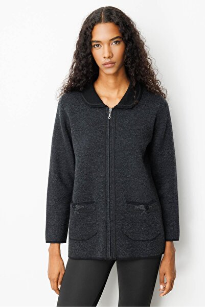 Desen Triko Women's Polo Neck Pocket Embroidered Wool Cardigan Black