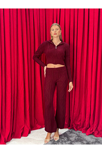 Neva Wear Women's Hooded Knitwear Set – Zippered Crop Top and Pants Two Pieces