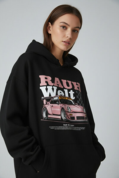 BRF Collection Unisex Oversize Hoodie – RAUH Welt Pink Porsche Baskılı, Siyah...