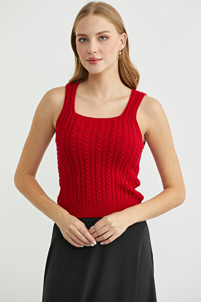Sementa Hair Braid Square Neck Knitwear Tank Top - Red