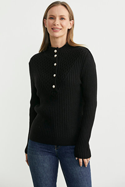 Sementa سترة تريكو بياقة عالية وأزرار أمامية - أسود