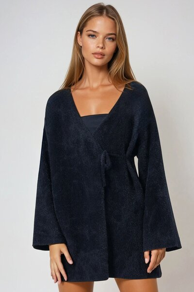 VAGGON Women's Black Double Breasted Collar Tassel Cardigan Vs01002