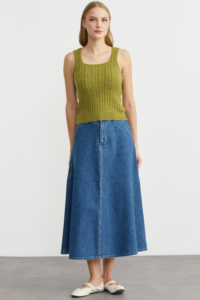 Sementa Hair Braid Square Neck Knitwear Tank Top - Green