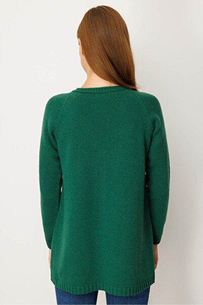 Desen Triko Women's V-Neck Hair Braided Long Wool Cardigan Ö.Başı