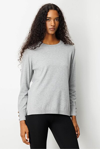 Desen Triko Women's Crew Neck Slit Side Buttoned Blouse Gray