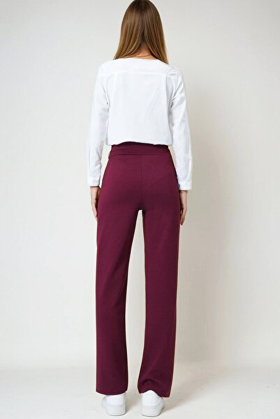 VAGGON Women's Burgundy Wide Belted Double Pocket Palazzo Trousers Vs01028