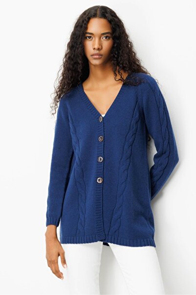 Desen Triko Жіночий V-подібний комір, плетений довгий вовняний кардиган, індиго