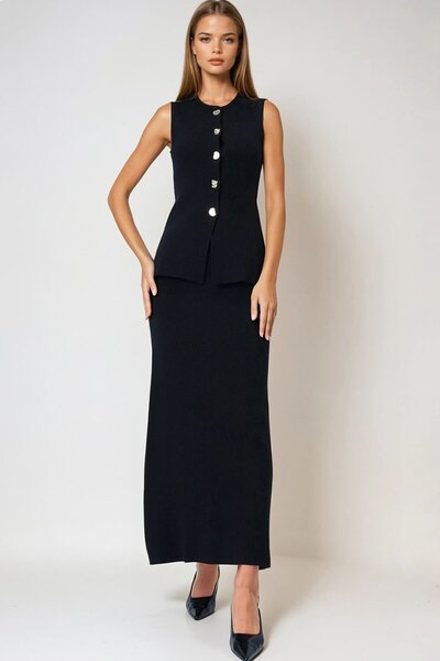 VAGGON Women's Black Accessory Buttoned Vest and Maxi Skirt Knitwear Set Vs01003