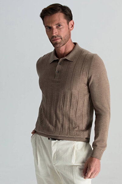 Hemington Saf Kaşmir Polo Yaka Şerit Desenli Tütün Rengi Triko