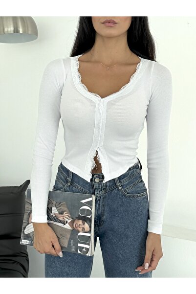 NOA LİNE Women's White Lace Detailed Long Sleeve Crop