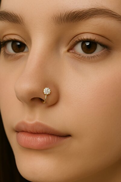 TAKIŞTIR Altın Renk Taş Detaylı Sıkıştırmalı Deliksiz Cerrahi Çelik Hızma Piercing (Tek)