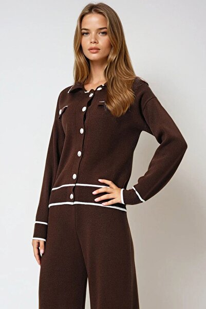VAGGON Women's Bitter Brown Contrast Trim Polo Neck Knitwear Cardigan and Pants Set Vs00978