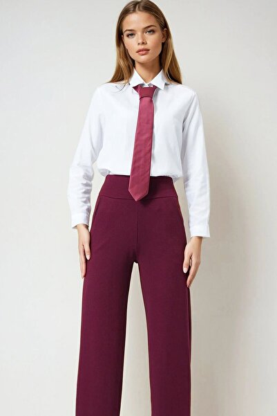 VAGGON Women's Burgundy Wide Belted Double Pocket Palazzo Trousers Vs01028