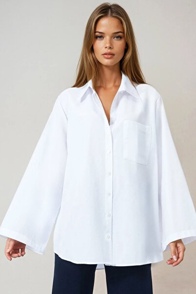 VAGGON Women's White Single Pocket Spanish Sleeve Oversize Shirt Vs01016