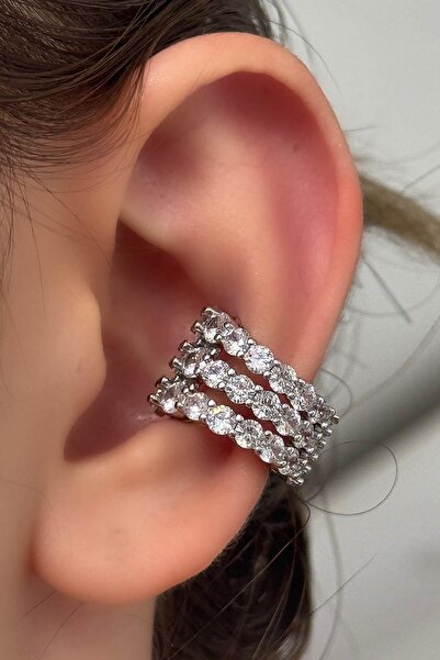 TAKIŞTIR Gümüş Renk Taş Detaylı 14K Altın Kaplama TX Ear Cuff (Tek)