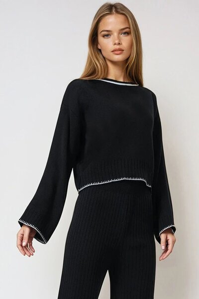 VAGGON Γυναικείο Μαύρο Πλεκτό Πουλόβερ και Παντελόνι Πλεκτό Σετ Vs00979