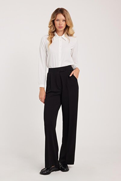 Tudors Women's Regular Fit Classic Cut Velcro Closure Wide Leg Black Trousers
