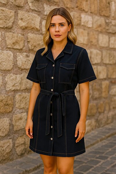 Şans Women's Plus Size Black, Washed Denim Fabric, Double Pockets, Short Sleeve Jeans Dress 65N39155