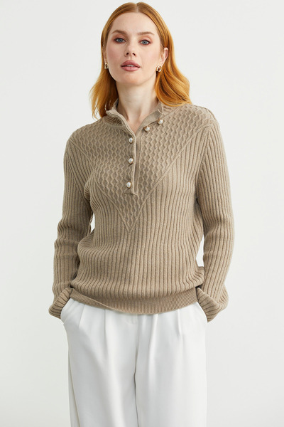 Sementa Önü Düğmeli Dik Yaka Triko Kazak - Kamel