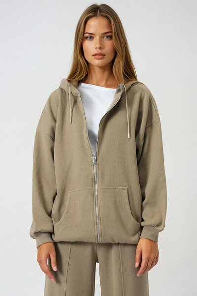 VAGGON Women's Khaki Double Pocket Zipper Closure Hooded Cardigan Vs01015