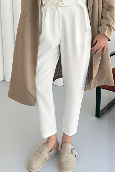 Modaensarbutik Yüksek Bel Toka Detaylı Havuç Pantolon-BEYAZ