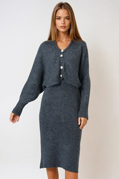 VAGGON Women's Anthracite Button Closure Crop Cardigan and Front Back V-Neck Corded Fabric Knitwear Dress Set Vs01005