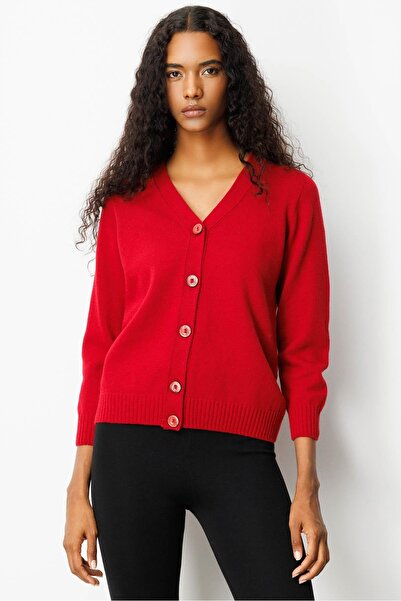 Desen Triko Women's V-Neck Short Wool Cardigan Dark Red