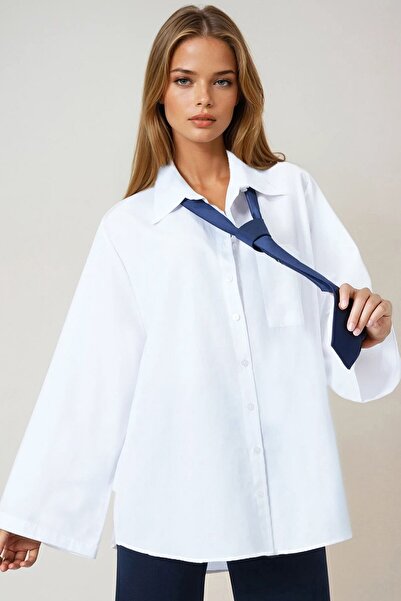 VAGGON Women's White Single Pocket Spanish Sleeve Oversize Shirt Vs01016