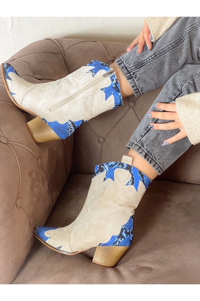 BERFONA DORİ CIZME DALLAS WESTERN DETALII DE PIELE DE ȘARPE ALBASTRĂ DORİ BEJ