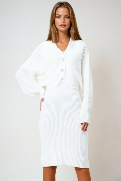 VAGGON Women's White Button Closure Crop Cardigan and Front Back V-Neck Corded Fabric Knitwear Dress Set Vs01005