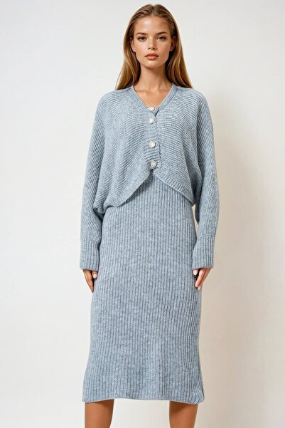 VAGGON Women's Gray Button Closure Crop Cardigan and Front Back V-Neck Corded Fabric Knitwear Dress Set Vs01005