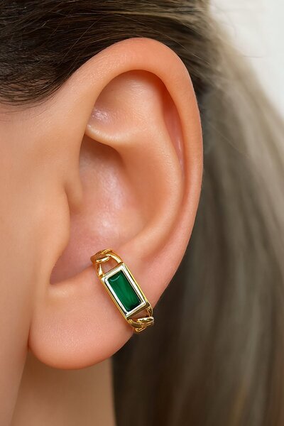 TAKIŞTIR Altın Renk Taş Detaylı 14K Altın Kaplama TX Ear Cuff (Tek)
