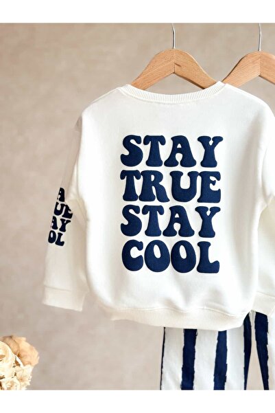 Pinkitokids Stay True Stay Cool Embossed Printed Sweatshirt and Striped Pants Set