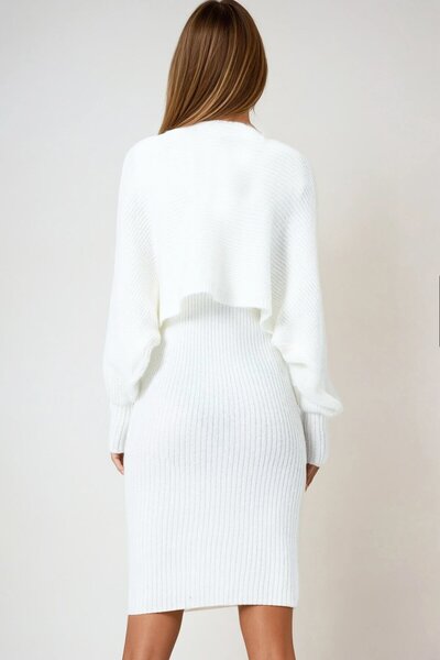 VAGGON Women's White Button Closure Crop Cardigan and Front Back V-Neck Corded Fabric Knitwear Dress Set Vs01005