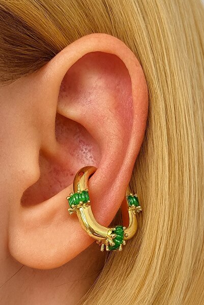 TAKIŞTIR Altın Renk Taş Detaylı 14K Altın Kaplama TX Ear Cuff (Tek)