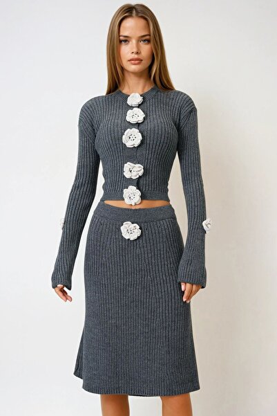 VAGGON Women's Gray Corded Floral Button Detailed Knitwear Cardigan and Skirt Set Vs00972