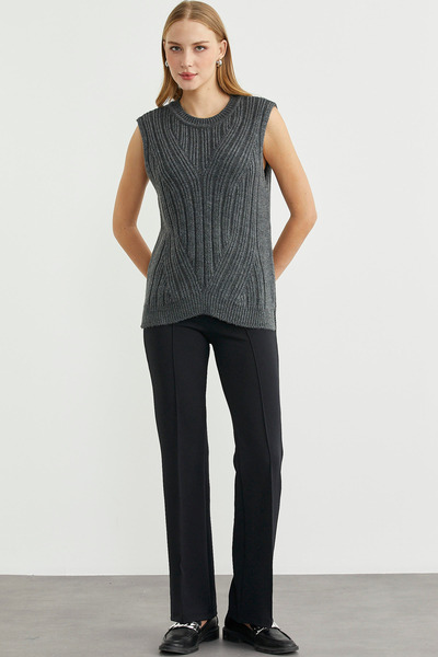 Sementa Long Back Crew Neck Wool Knit Sweater - Dark Gray