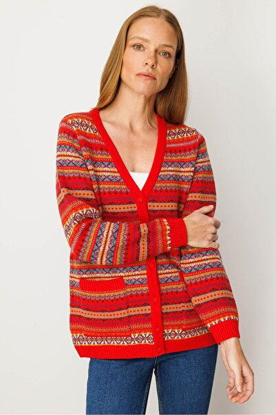 Desen Triko Women's V-Neck Jacquard Wool Cardigan Coral